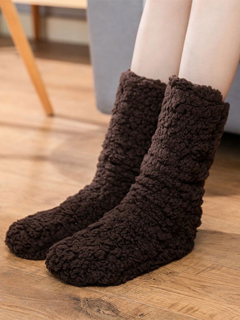 Meias Pretas Alta Qualidade Malha Fofa Inverno Grosso Quente Aconchegante Fuzzy Calcetines Felpa Piso Invierno Femininas - Castanho Café