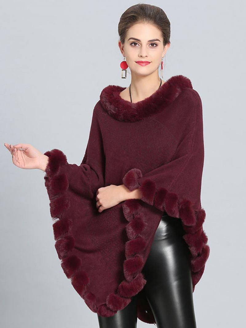 Borgonha Poncho Fur Hem Cape Casacos Primavera Para Mulheres