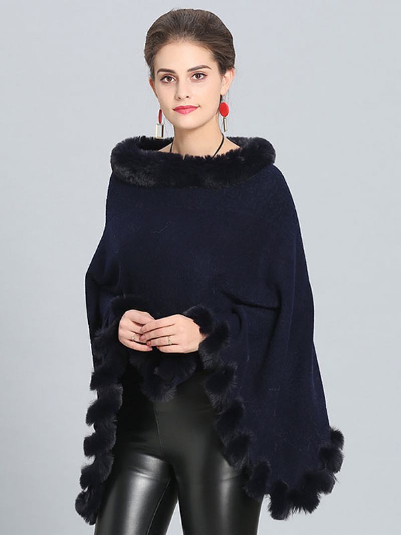 Borgonha Poncho Fur Hem Cape Casacos Primavera Para Mulheres - Marinho Escuro