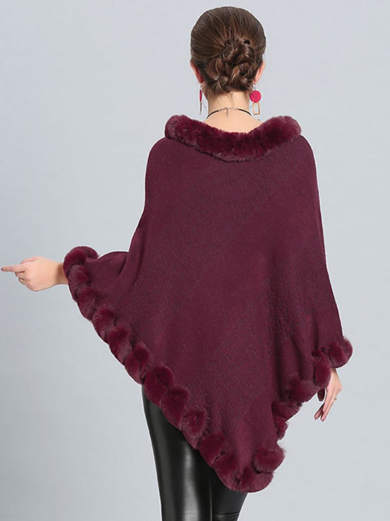 Borgonha Poncho Fur Hem Cape Casacos Primavera Para Mulheres - Borgonha