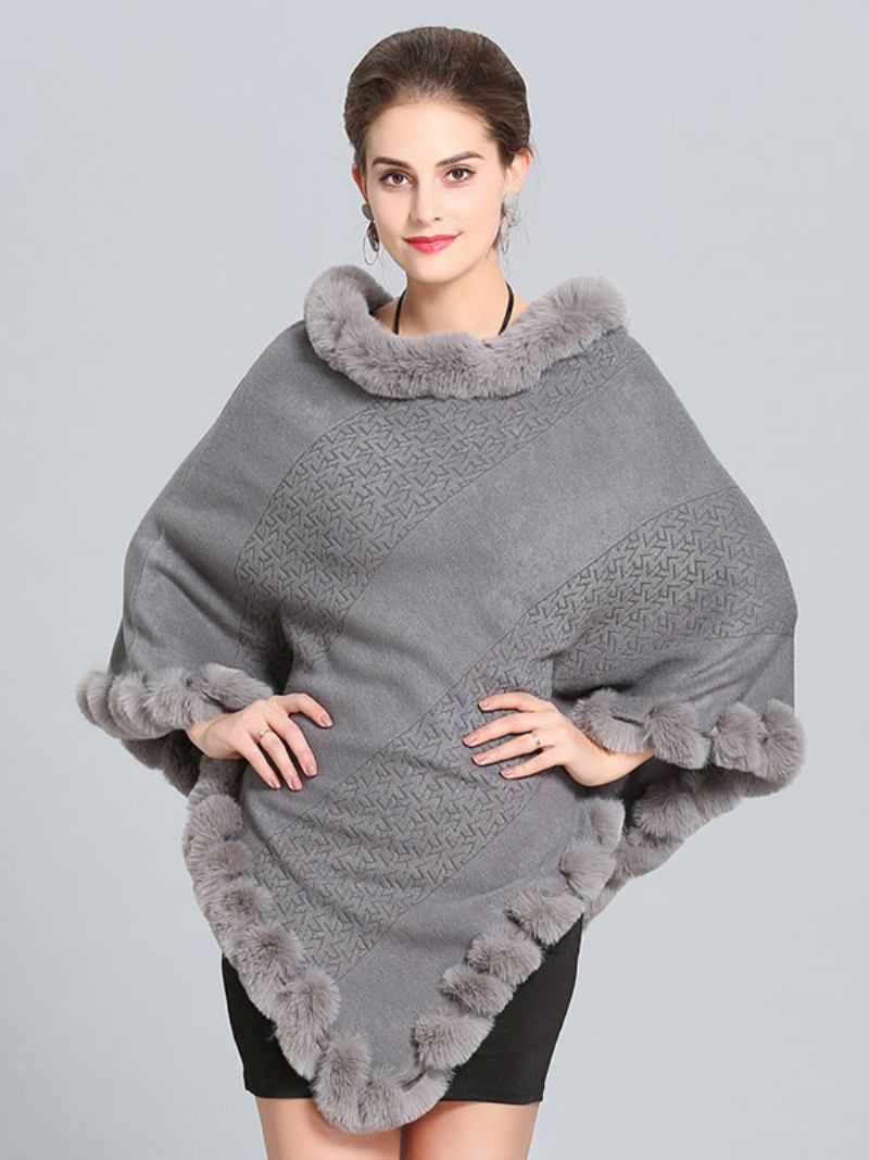 Borgonha Poncho Fur Hem Cape Casacos Primavera Para Mulheres - Cinza Claro