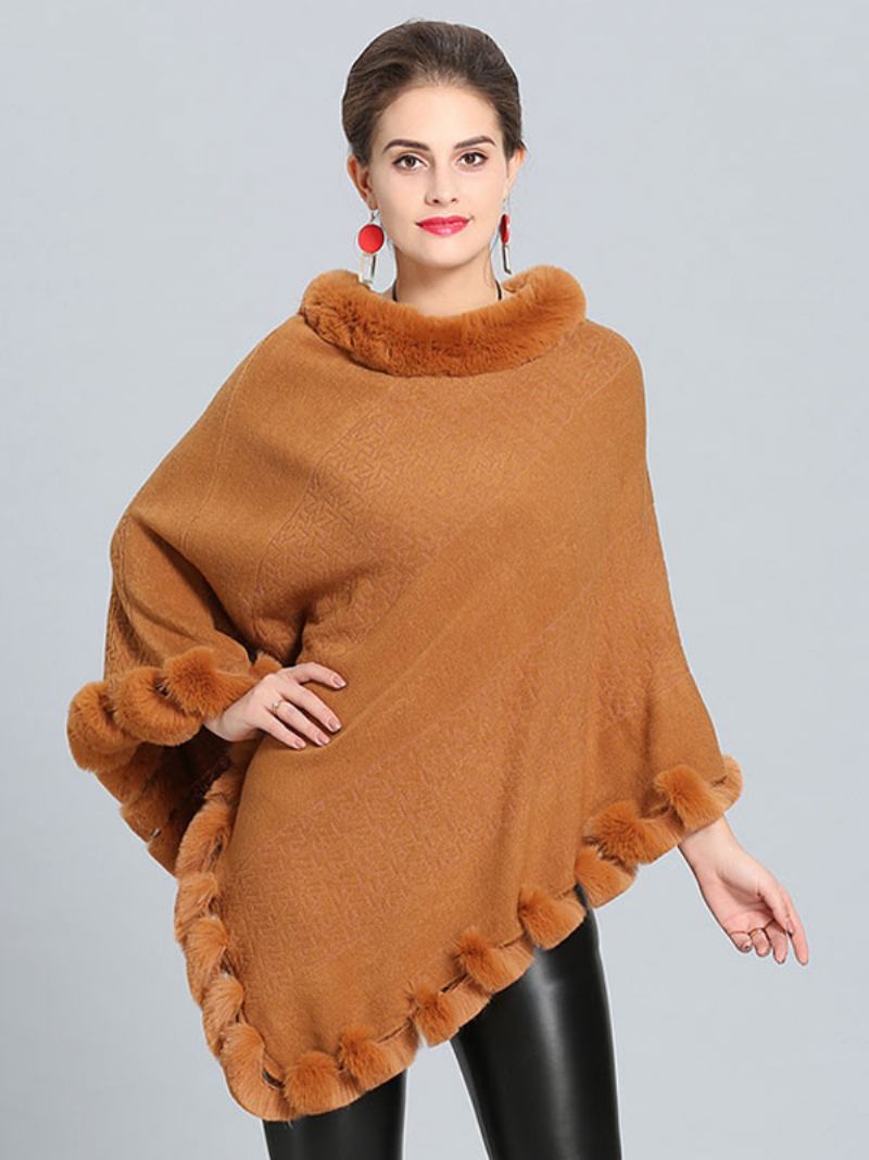 Borgonha Poncho Fur Hem Cape Casacos Primavera Para Mulheres - Camelo