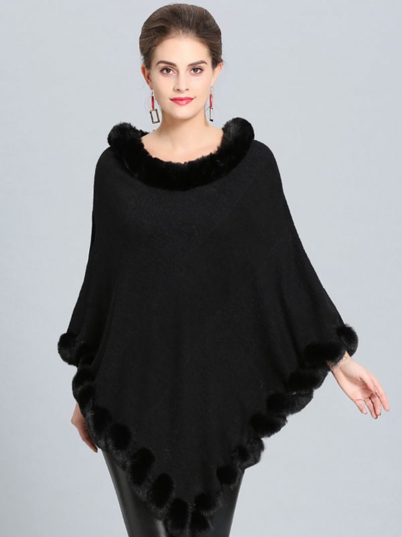 Borgonha Poncho Fur Hem Cape Casacos Primavera Para Mulheres - Preto