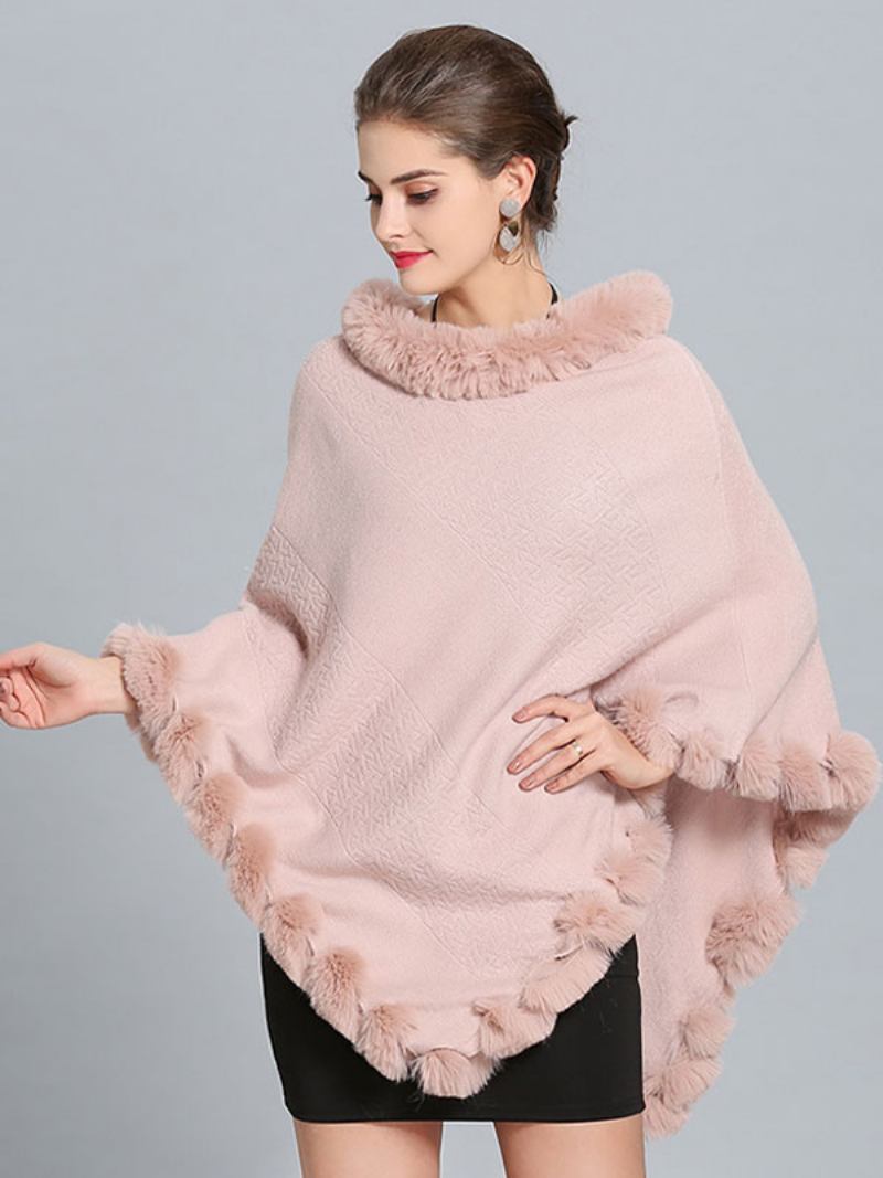 Borgonha Poncho Fur Hem Cape Casacos Primavera Para Mulheres - Rosa Suave