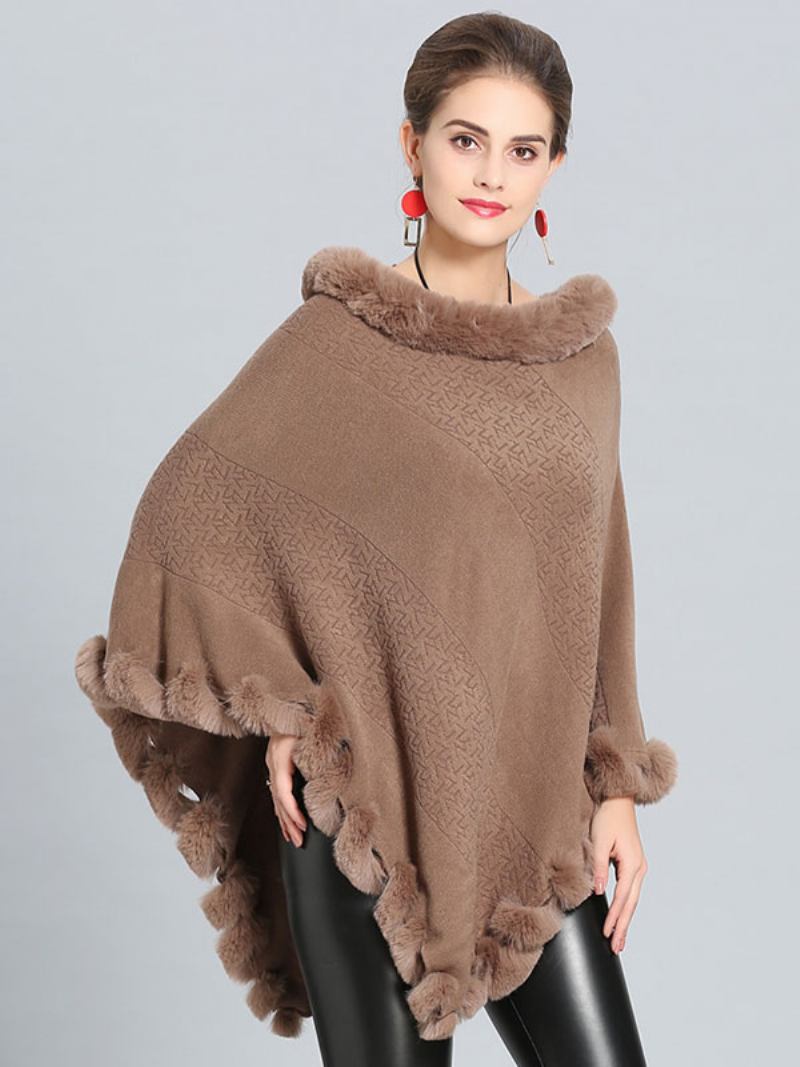 Borgonha Poncho Fur Hem Cape Casacos Primavera Para Mulheres - Cáqui