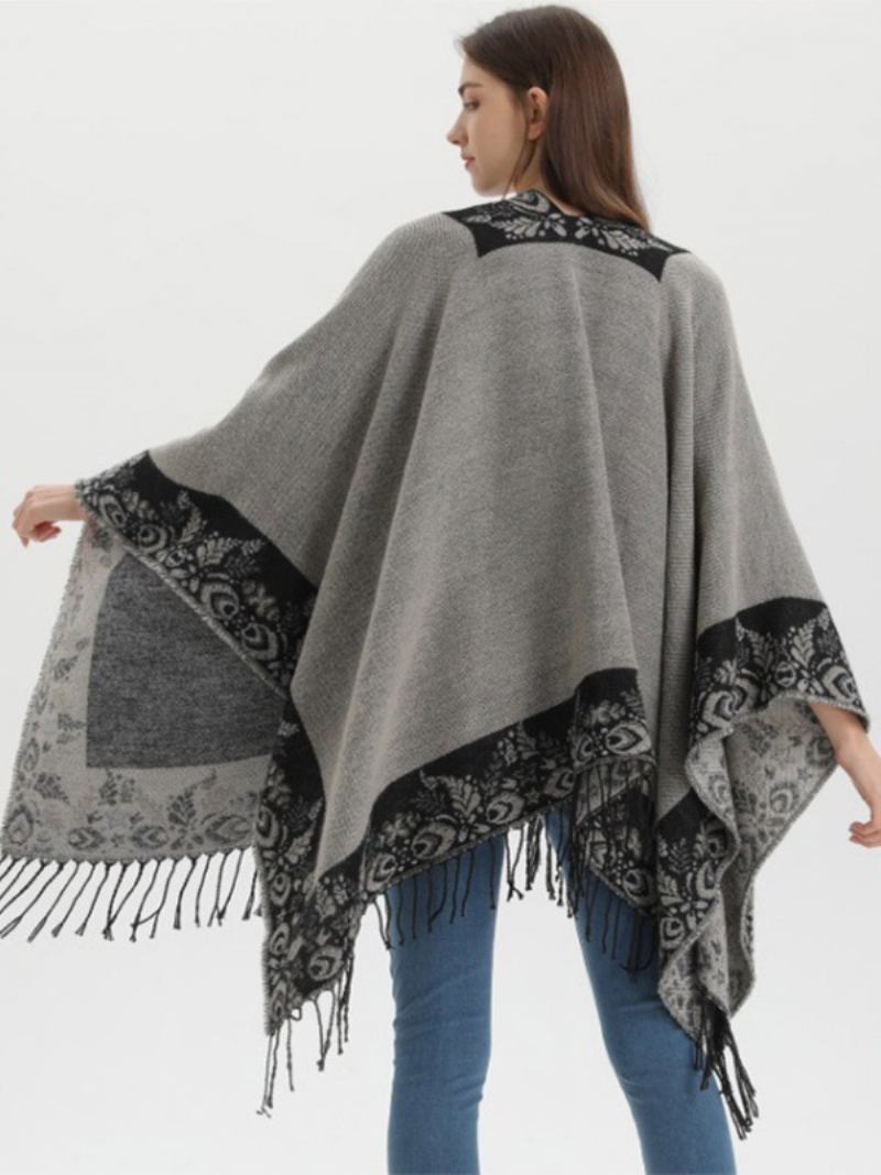 Capa Feminina Boêmia Com Franja Estampada Ponchos Grandes Para Outono E Inverno - Preto