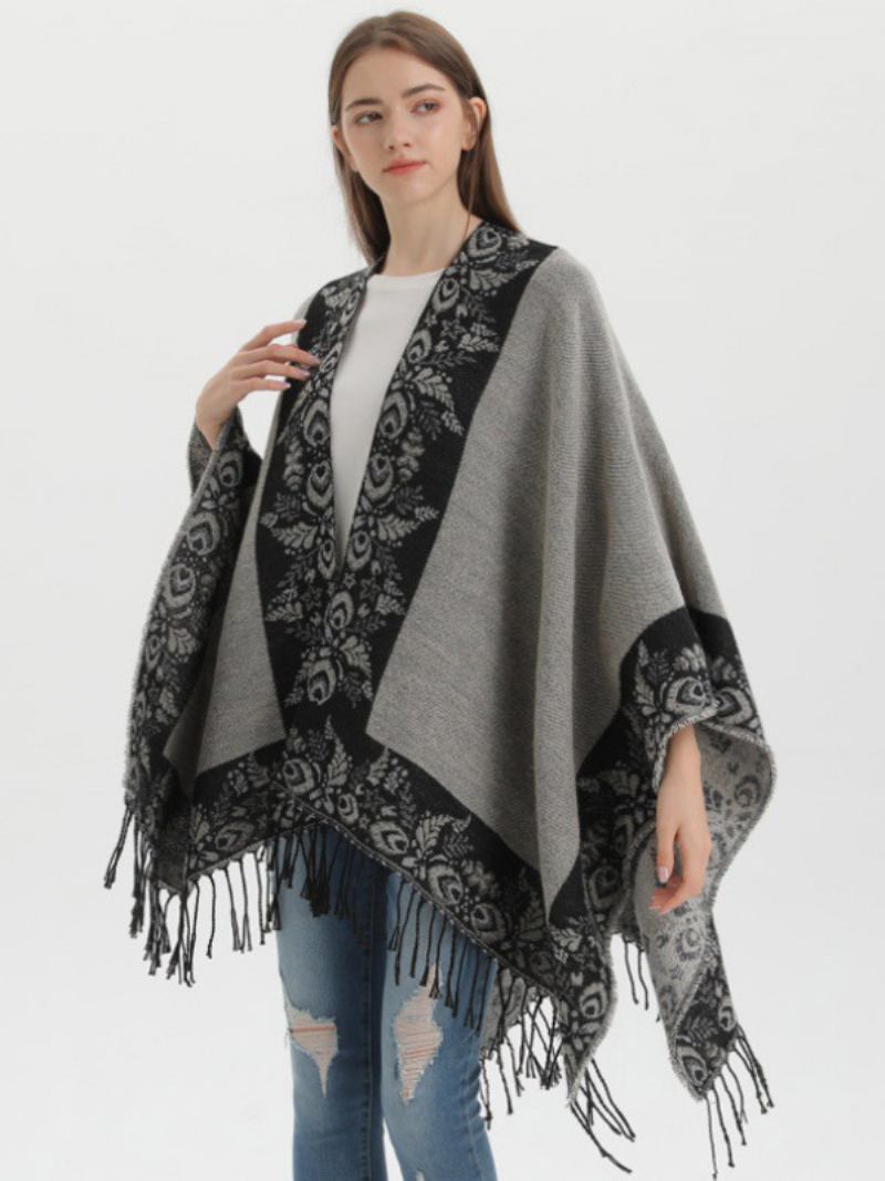 Capa Feminina Boêmia Com Franja Estampada Ponchos Grandes Para Outono E Inverno - Preto