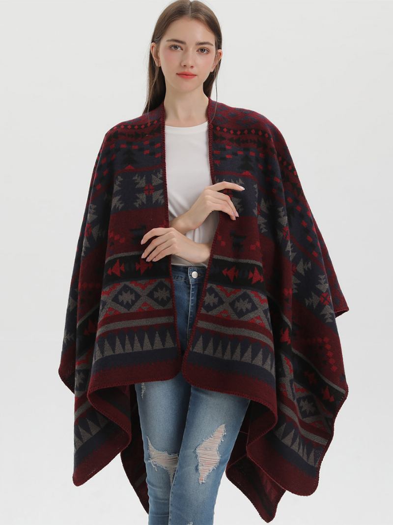 Capa Feminina Boêmia Geométrica Oversized Outono Inverno Poncho