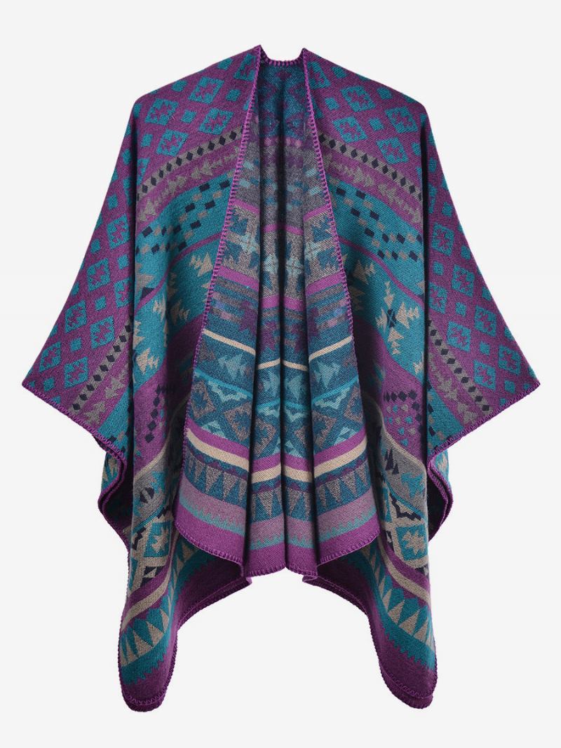 Capa Feminina Boêmia Geométrica Oversized Outono Inverno Poncho - Roxo