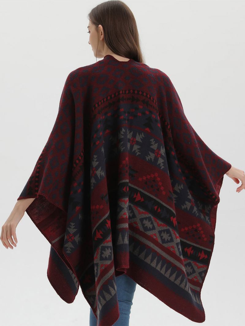 Capa Feminina Boêmia Geométrica Oversized Outono Inverno Poncho - Borgonha