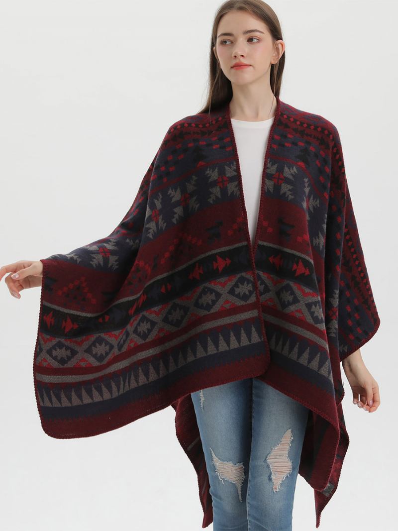 Capa Feminina Boêmia Geométrica Oversized Outono Inverno Poncho - Borgonha