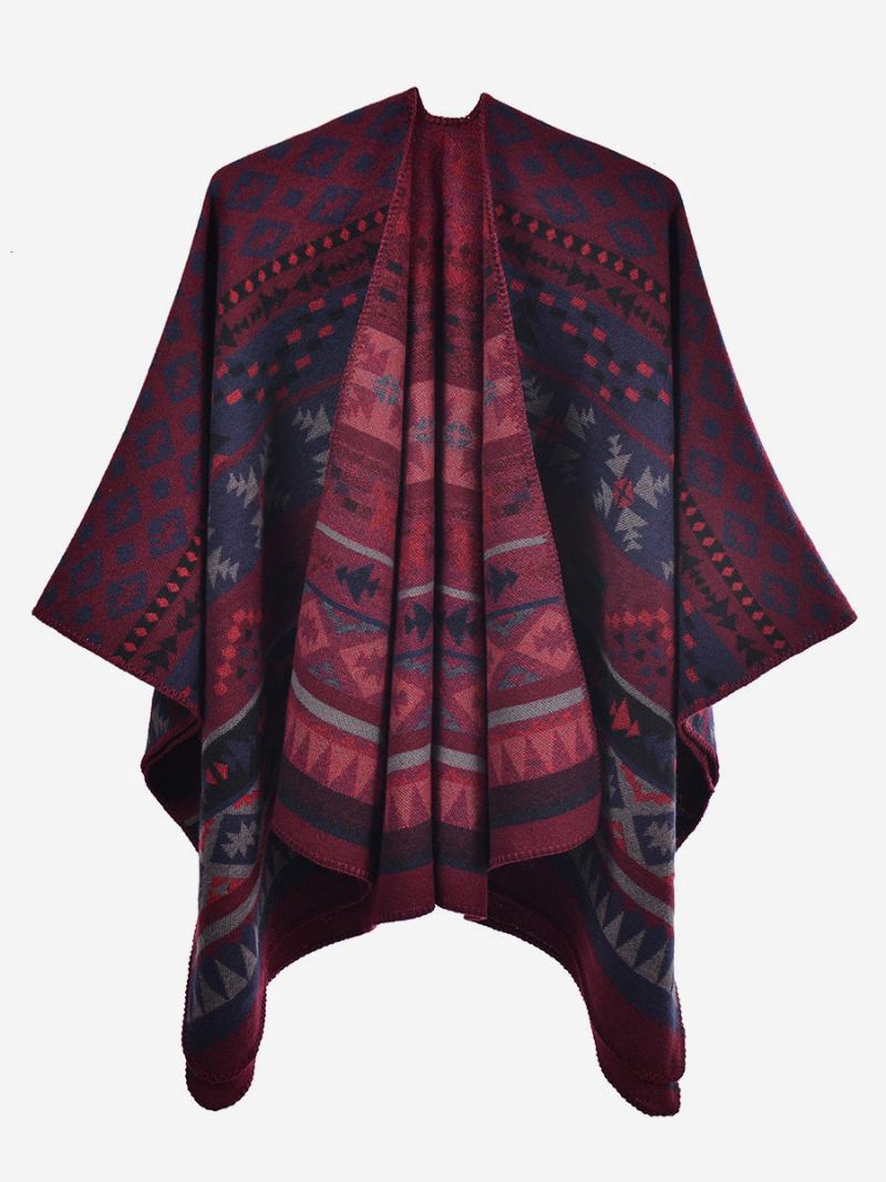 Capa Feminina Boêmia Geométrica Oversized Outono Inverno Poncho - Borgonha