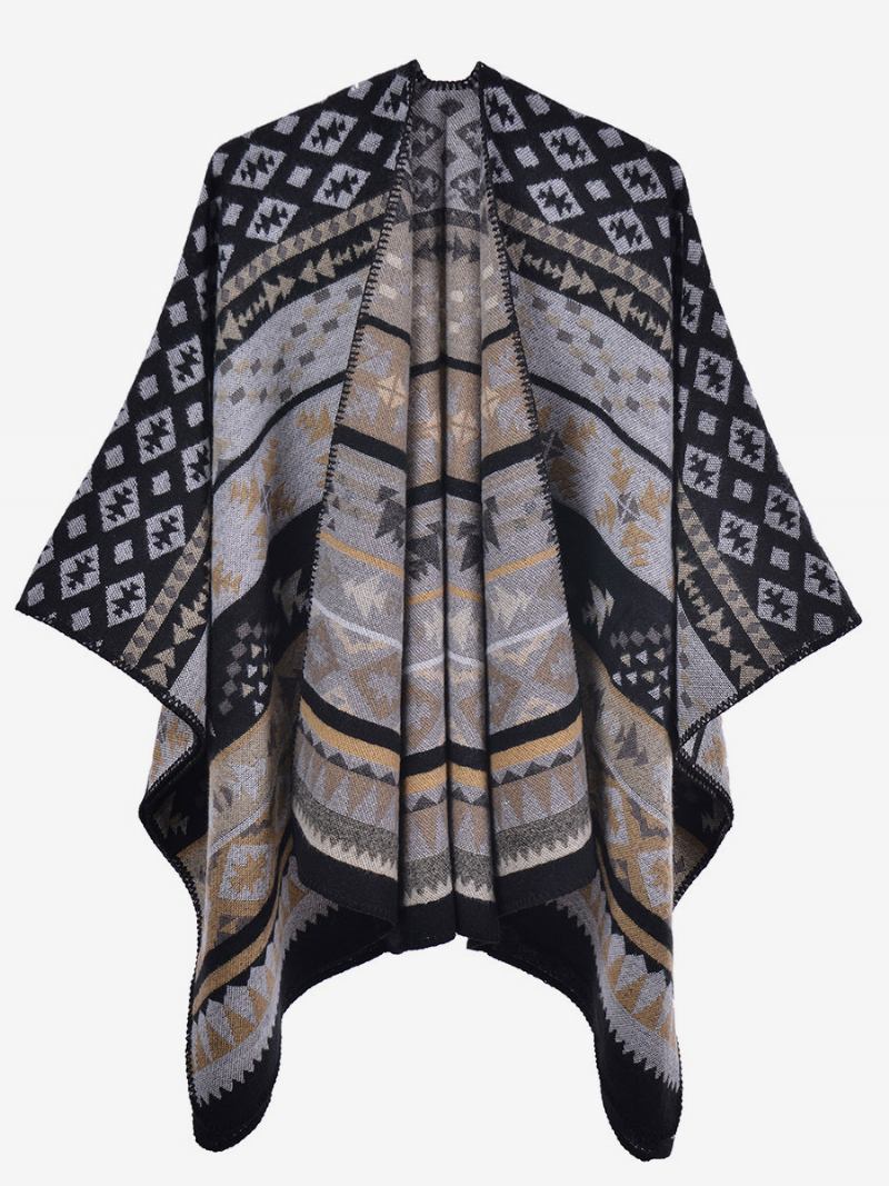 Capa Feminina Boêmia Geométrica Oversized Outono Inverno Poncho - Preto