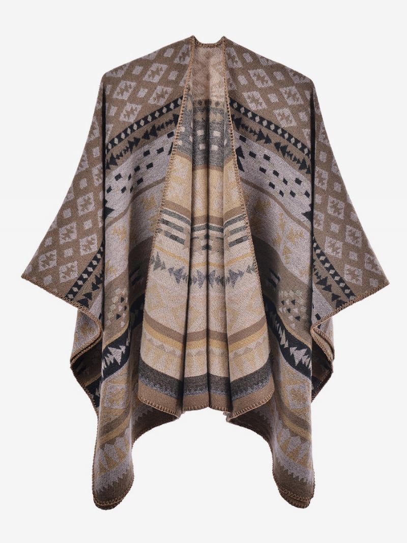 Capa Feminina Boêmia Geométrica Oversized Outono Inverno Poncho - Cáqui