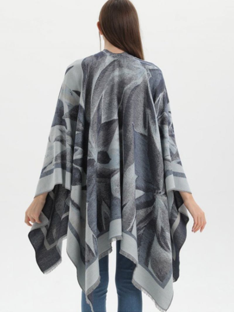 Capa Feminina Clássica Floral Estampada Poncho Diário Casual Grande - Preto