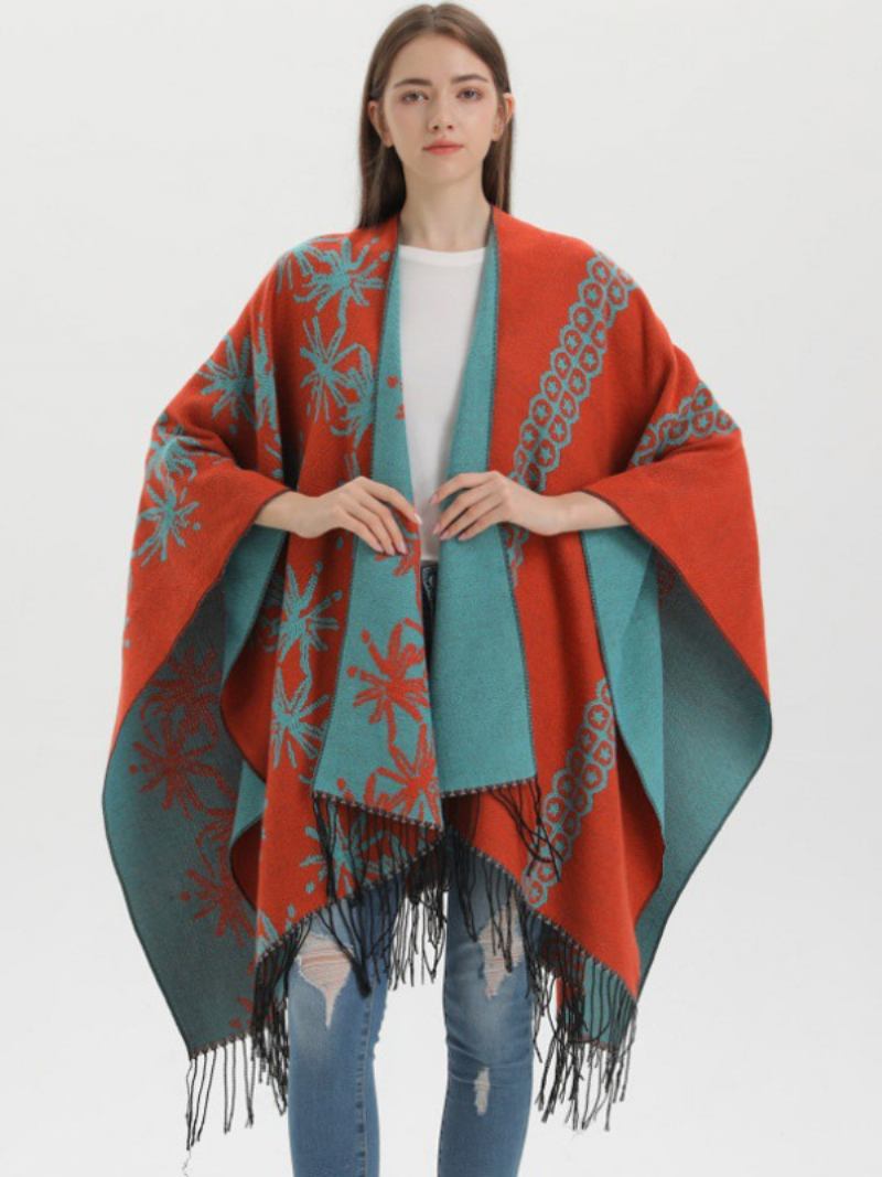 Capa Feminina Colorida Bloco Estilo Étnico Oversized Outono Inverno Poncho