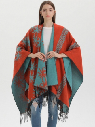 Capa Feminina Colorida Bloco Estilo Étnico Oversized Outono Inverno Poncho