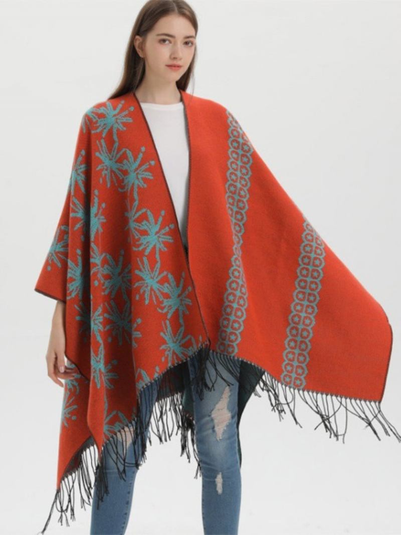 Capa Feminina Colorida Bloco Estilo Étnico Oversized Outono Inverno Poncho -  Laranja 