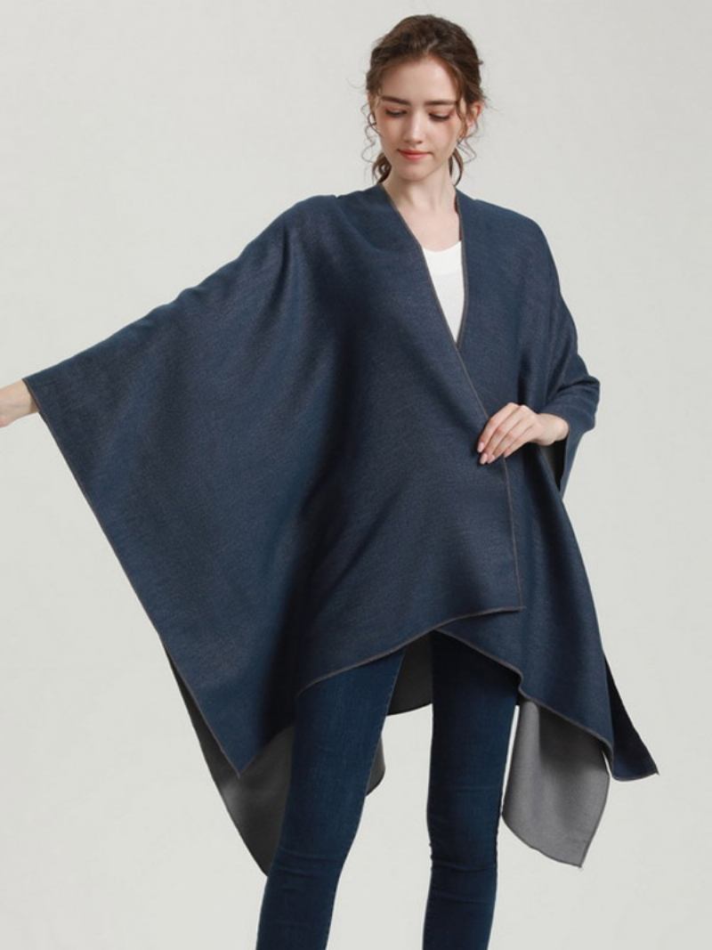 Capa Feminina Colorida Bloco Grande Diário Casual Outono Inverno Poncho - Marinho Escuro