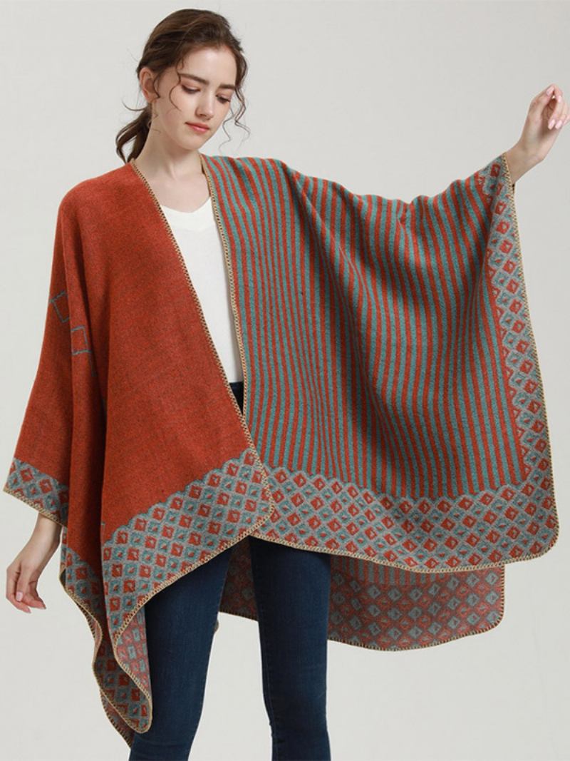 Capa Feminina Geométrica Colorida Bloco Diário Casual Outono Inverno Poncho