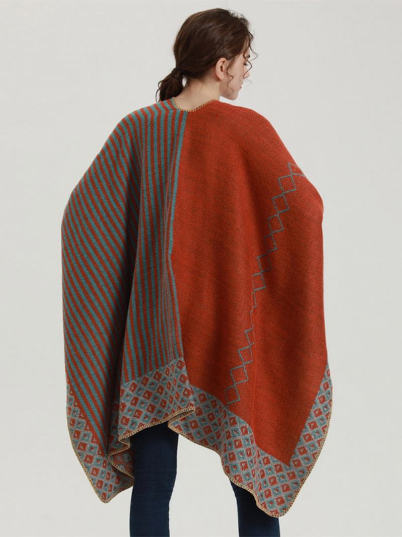 Capa Feminina Geométrica Colorida Bloco Diário Casual Outono Inverno Poncho - Laranja