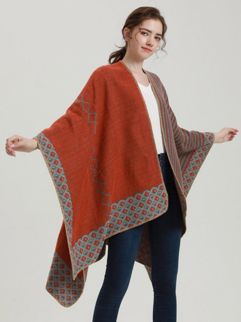 Capa Feminina Geométrica Colorida Bloco Diário Casual Outono Inverno Poncho - Laranja