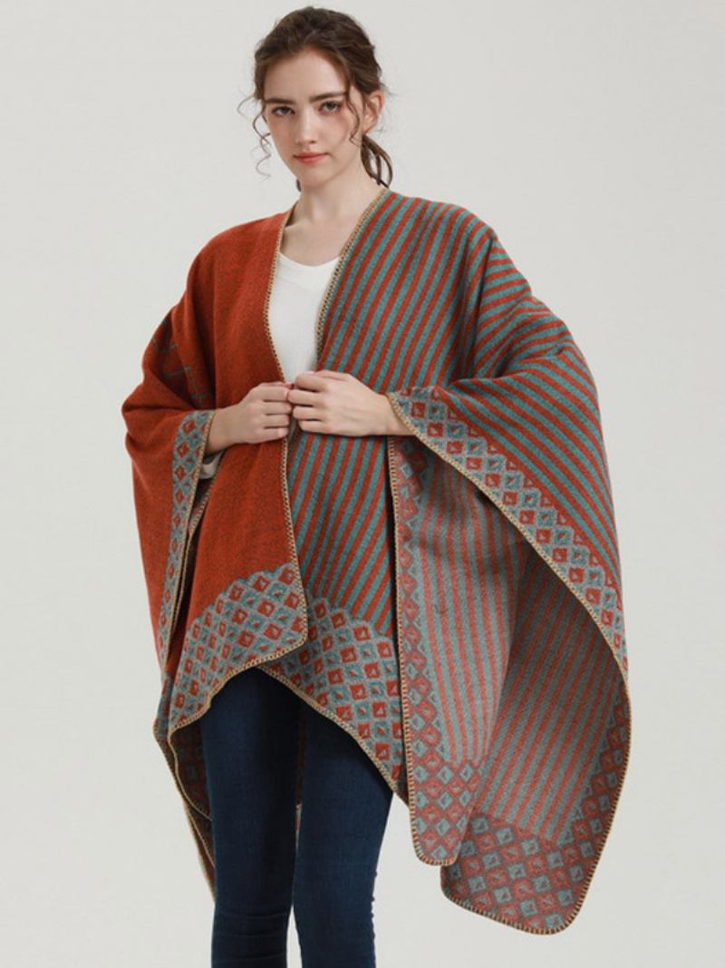 Capa Feminina Geométrica Colorida Bloco Diário Casual Outono Inverno Poncho - Laranja