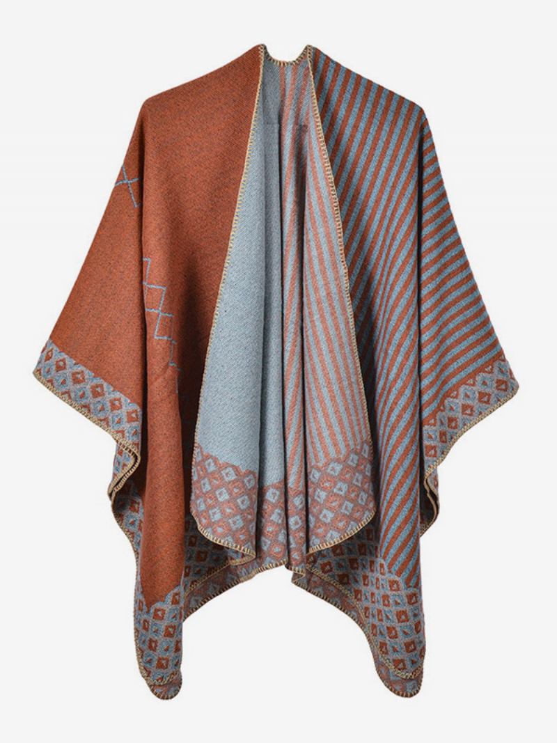 Capa Feminina Geométrica Colorida Bloco Diário Casual Outono Inverno Poncho - Laranja