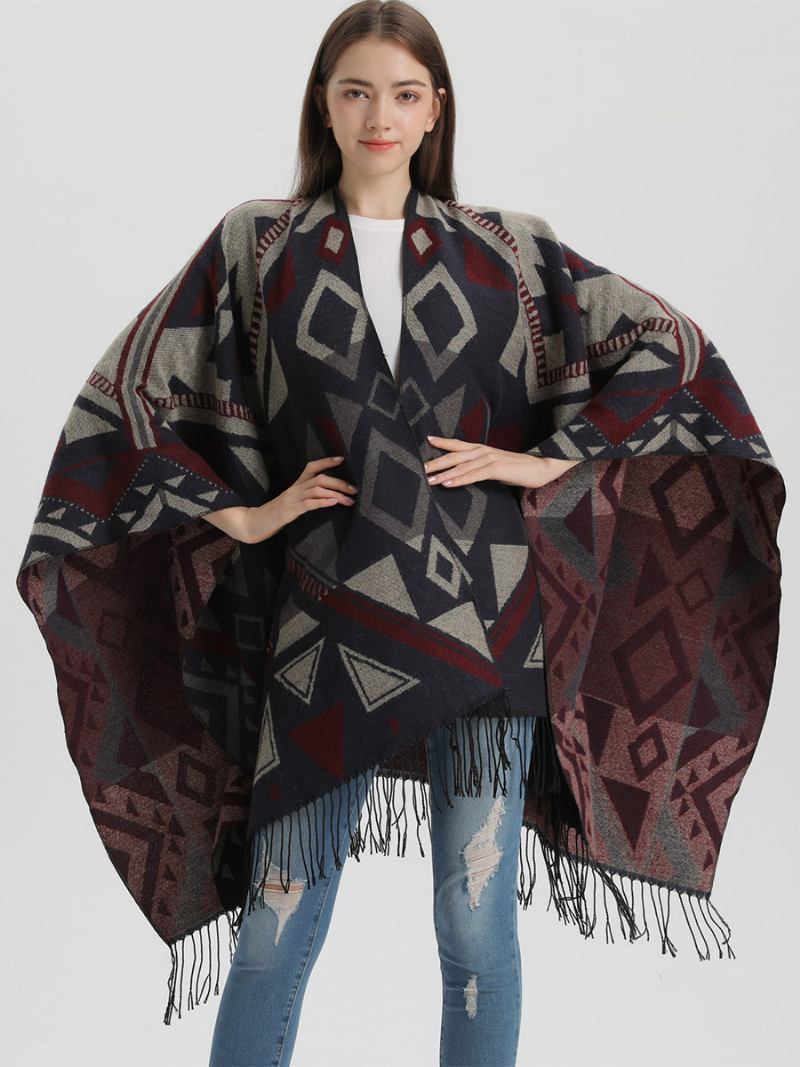 Capa Feminina Geométrica Com Franja Grande Poncho Outono Inverno