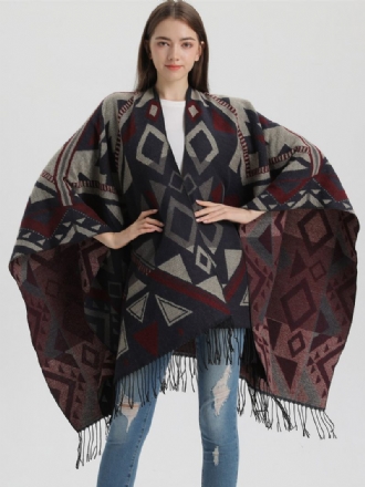 Capa Feminina Geométrica Com Franja Grande Poncho Outono Inverno