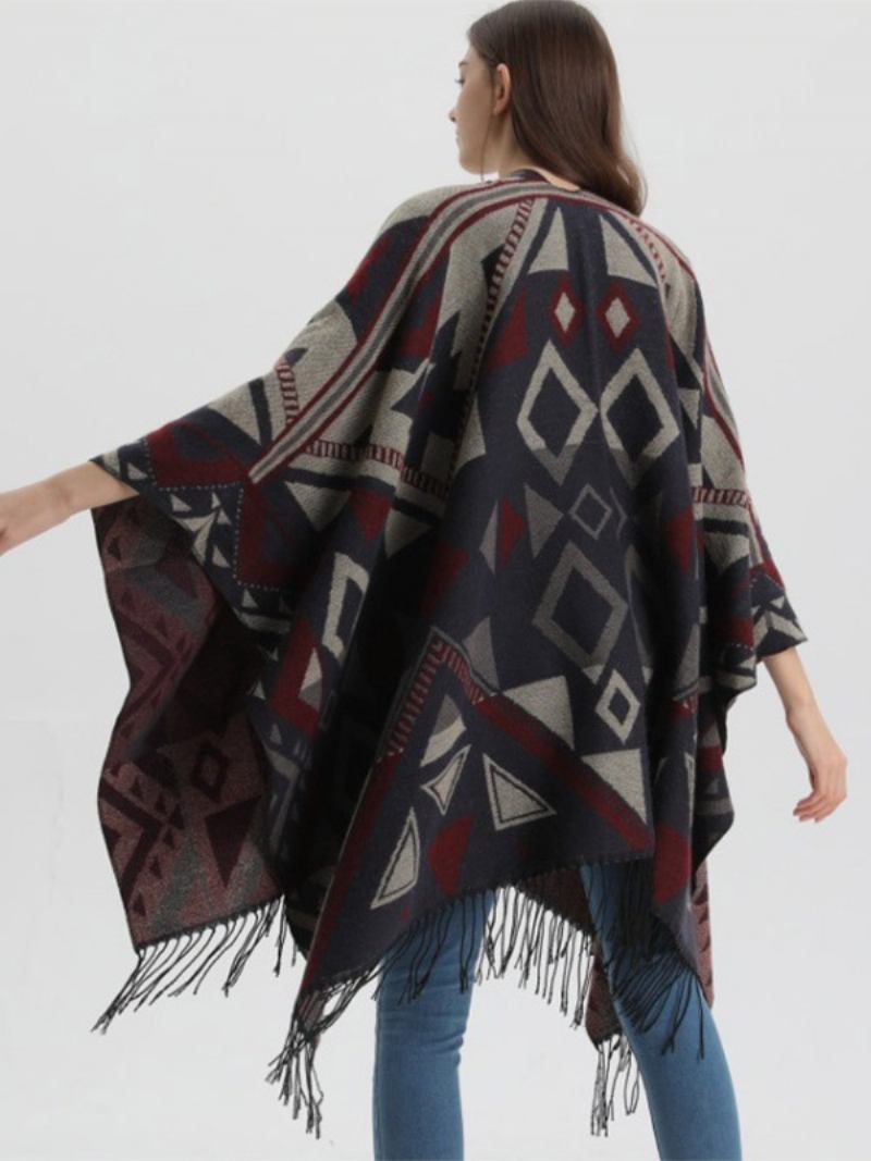 Capa Feminina Geométrica Com Franja Grande Poncho Outono Inverno - Marinho Escuro