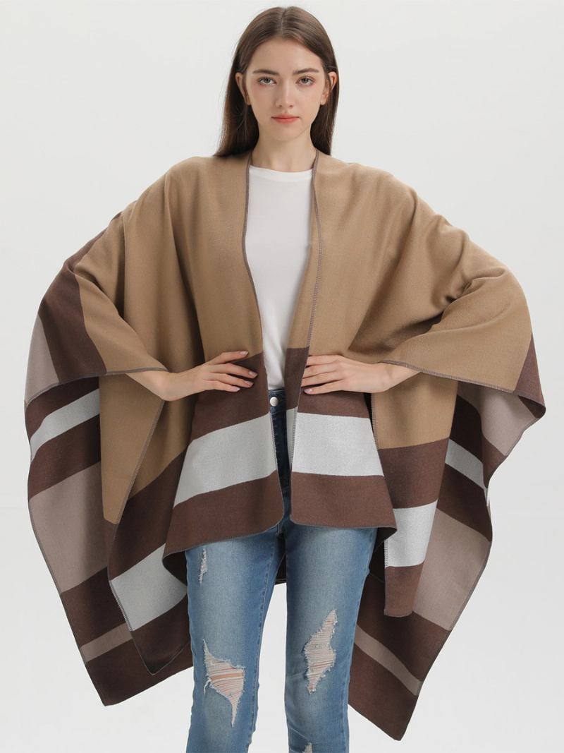 Capa Feminina Oversized Listrada Colorida Bloco Outono Inverno Poncho