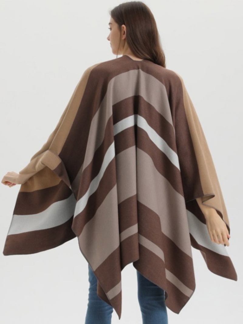 Capa Feminina Oversized Listrada Colorida Bloco Outono Inverno Poncho - Castanho Café