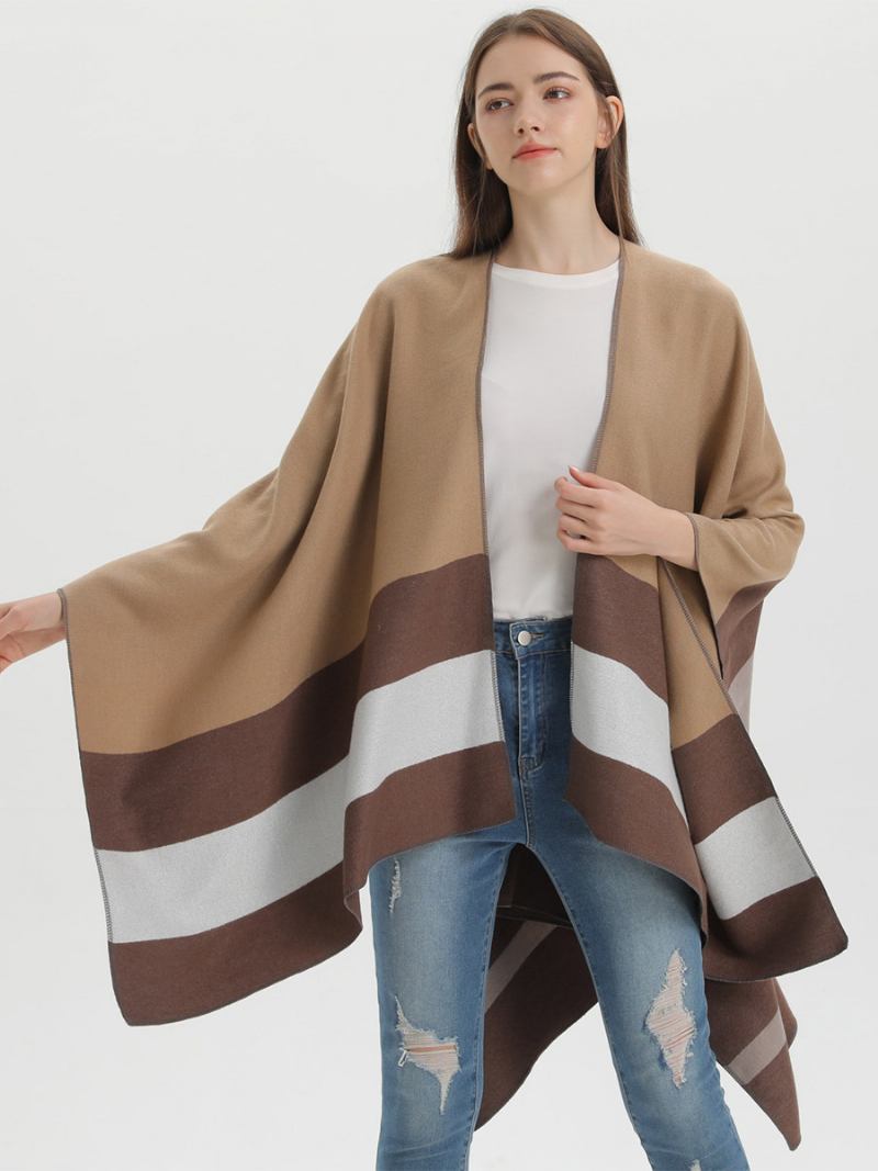 Capa Feminina Oversized Listrada Colorida Bloco Outono Inverno Poncho - Castanho Café