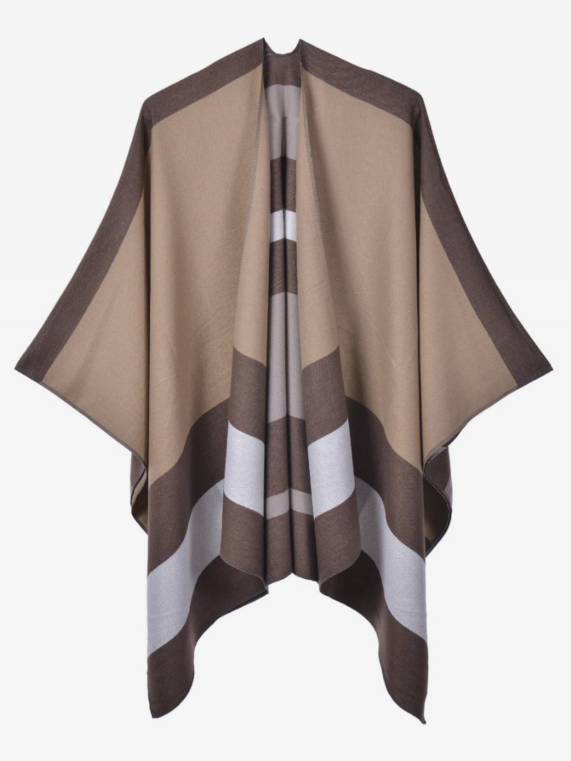 Capa Feminina Oversized Listrada Colorida Bloco Outono Inverno Poncho - Castanho Café