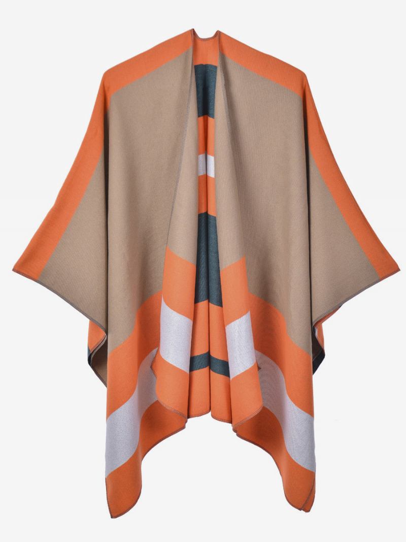 Capa Feminina Oversized Listrada Colorida Bloco Outono Inverno Poncho - Laranja