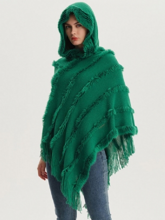 Capa Feminina Poncho Com Capuz Verde Franjas Grandes