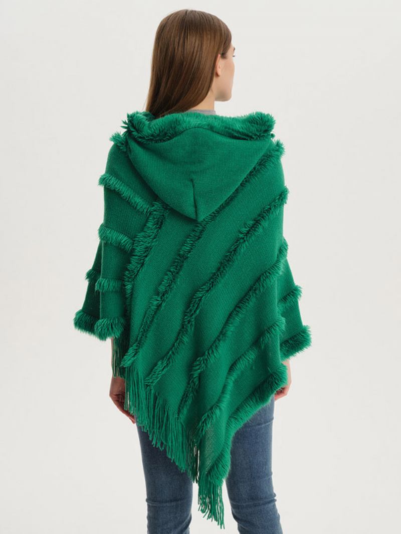 Capa Feminina Poncho Com Capuz Verde Franjas Grandes - Verde