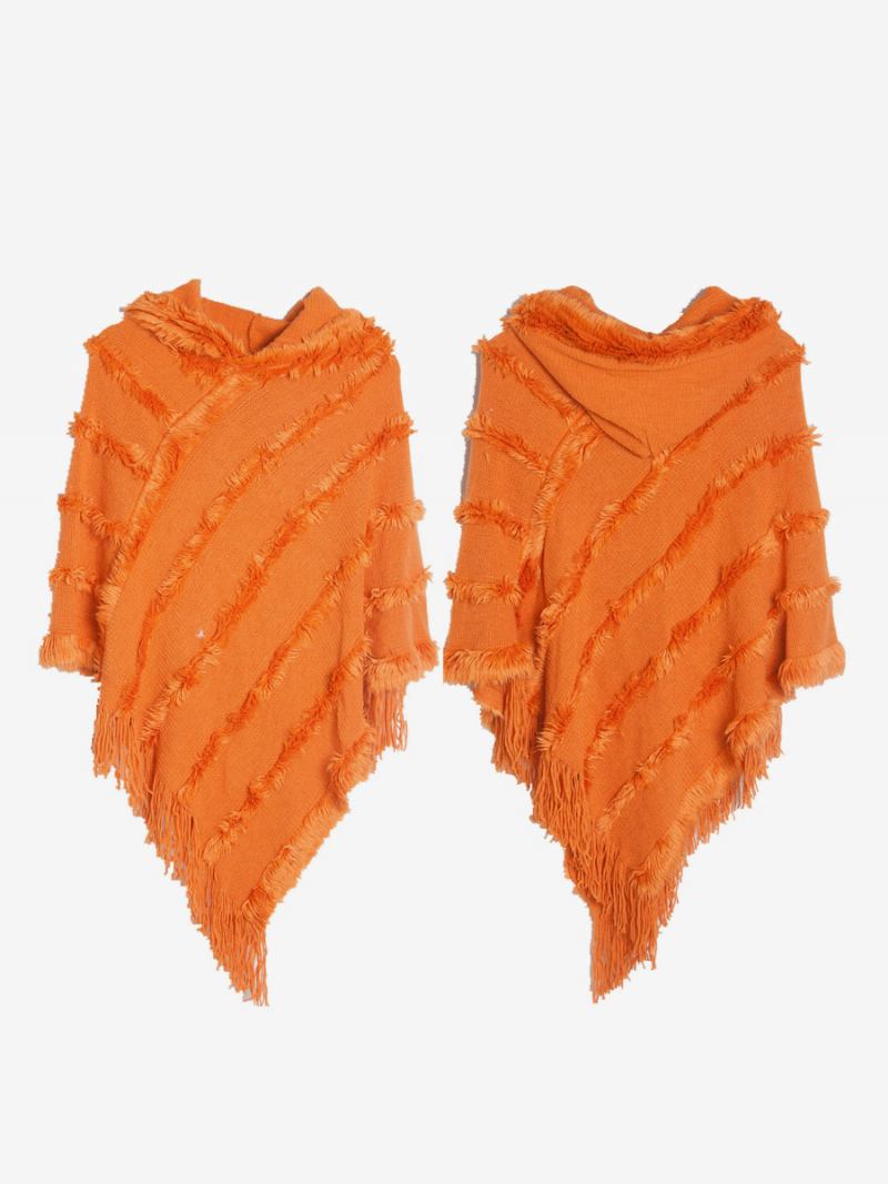 Capa Feminina Poncho Com Capuz Verde Franjas Grandes - Laranja