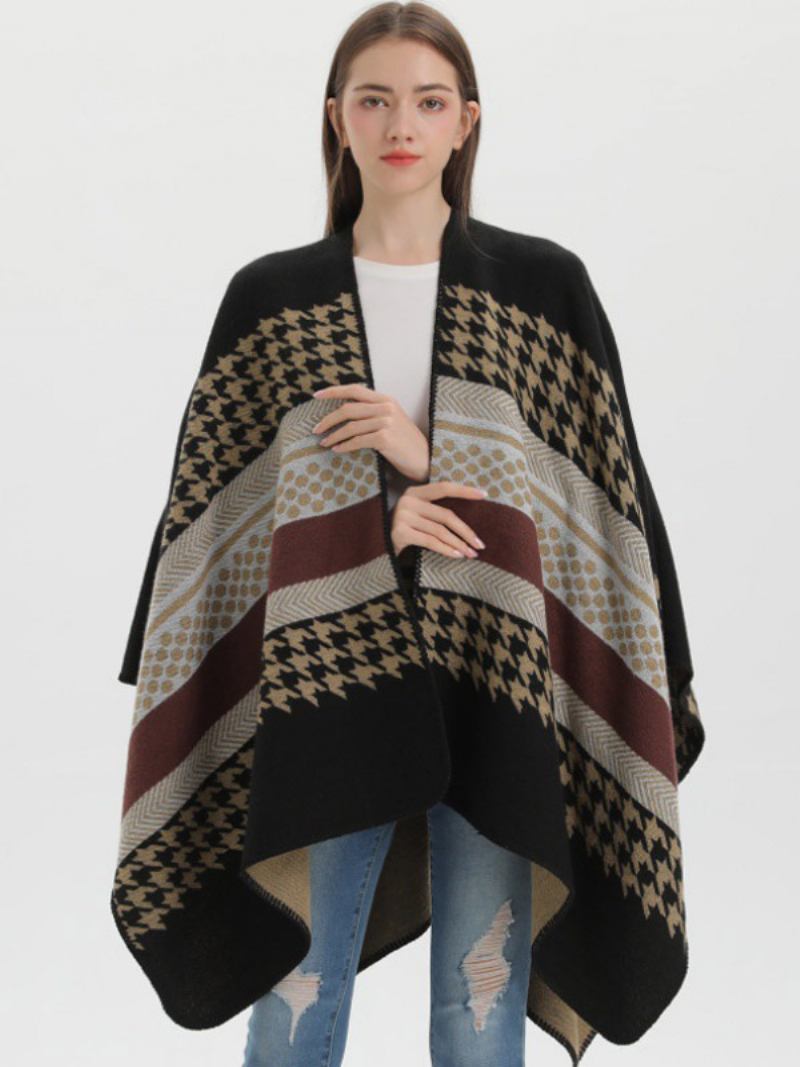 Capa Feminina Xadrez Colorida Bloco Diário Casual Outono Inverno Poncho