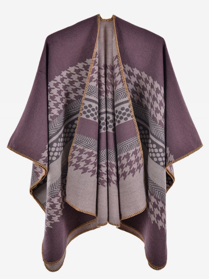 Capa Feminina Xadrez Colorida Bloco Diário Casual Outono Inverno Poncho - Roxo