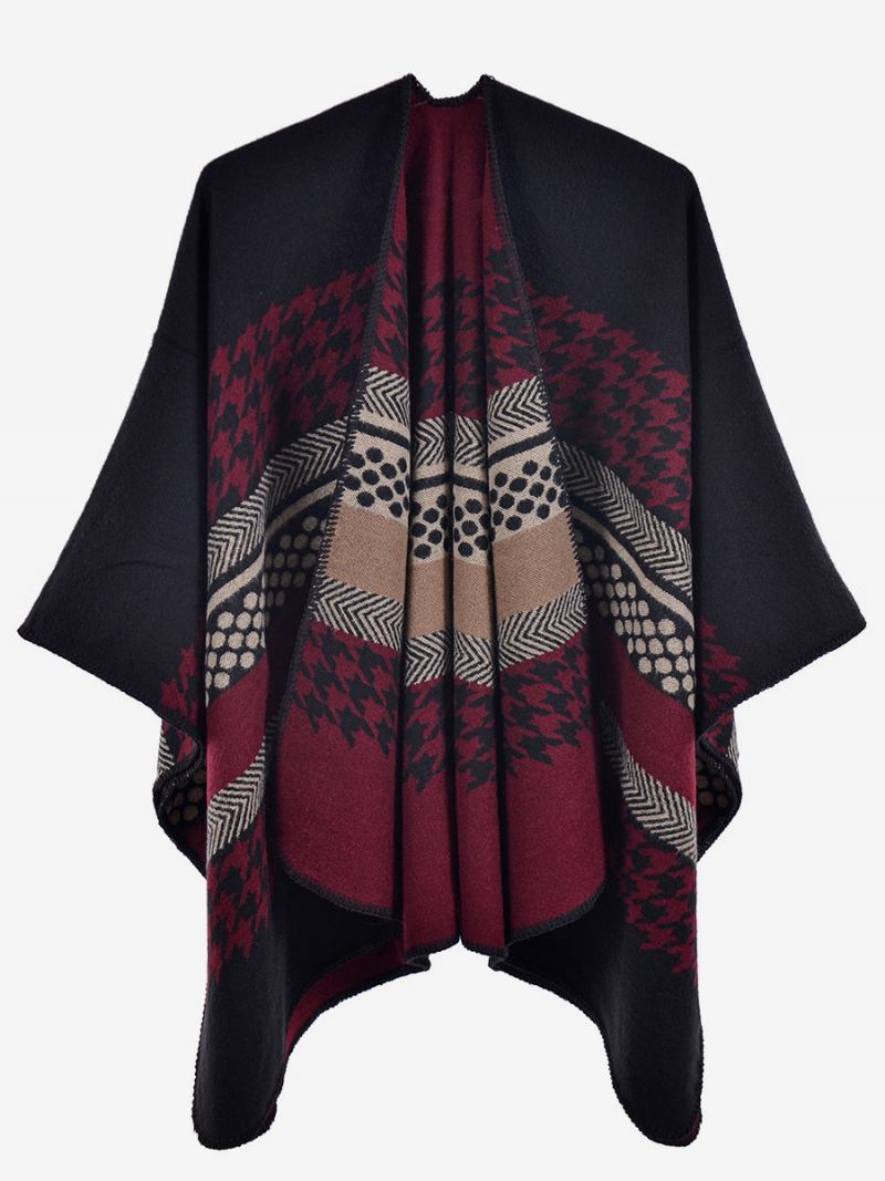 Capa Feminina Xadrez Colorida Bloco Diário Casual Outono Inverno Poncho - Borgonha