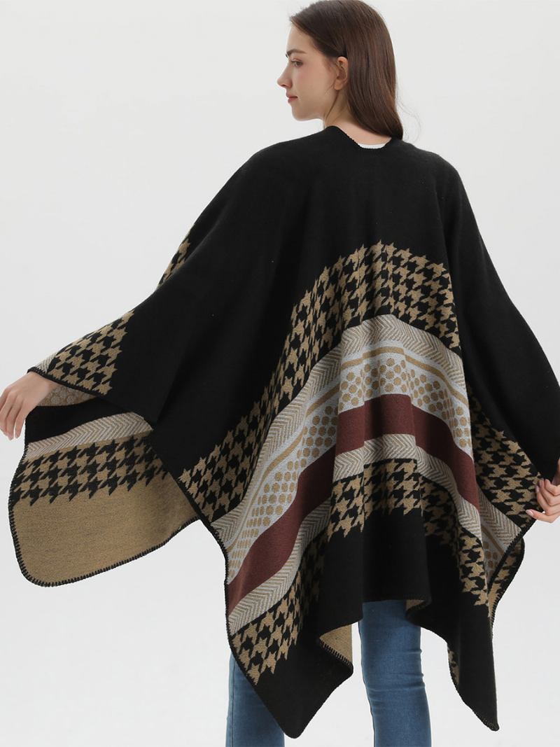 Capa Feminina Xadrez Colorida Bloco Diário Casual Outono Inverno Poncho - Preto