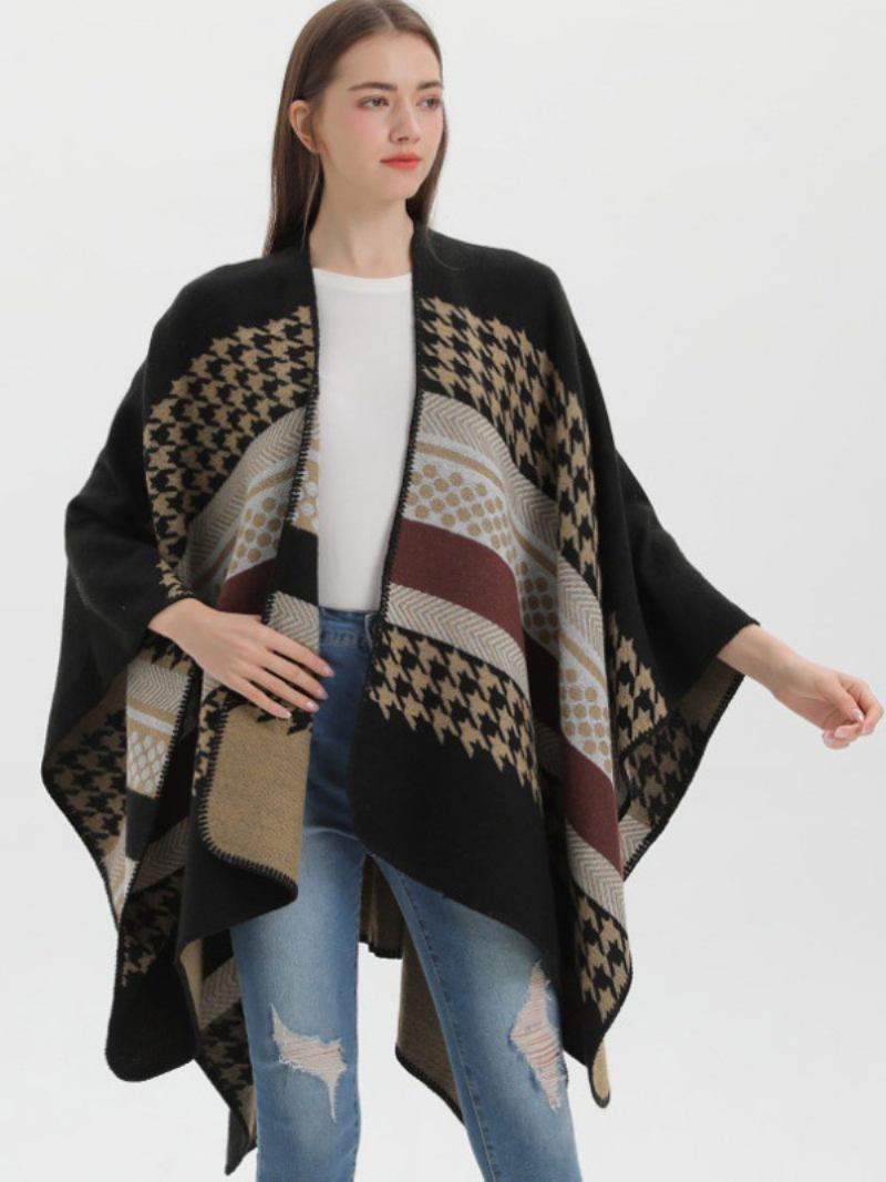 Capa Feminina Xadrez Colorida Bloco Diário Casual Outono Inverno Poncho - Preto