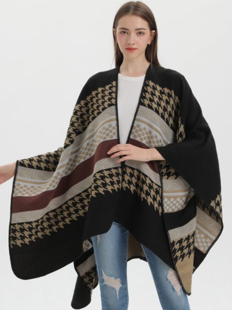 Capa Feminina Xadrez Colorida Bloco Diário Casual Outono Inverno Poncho - Preto