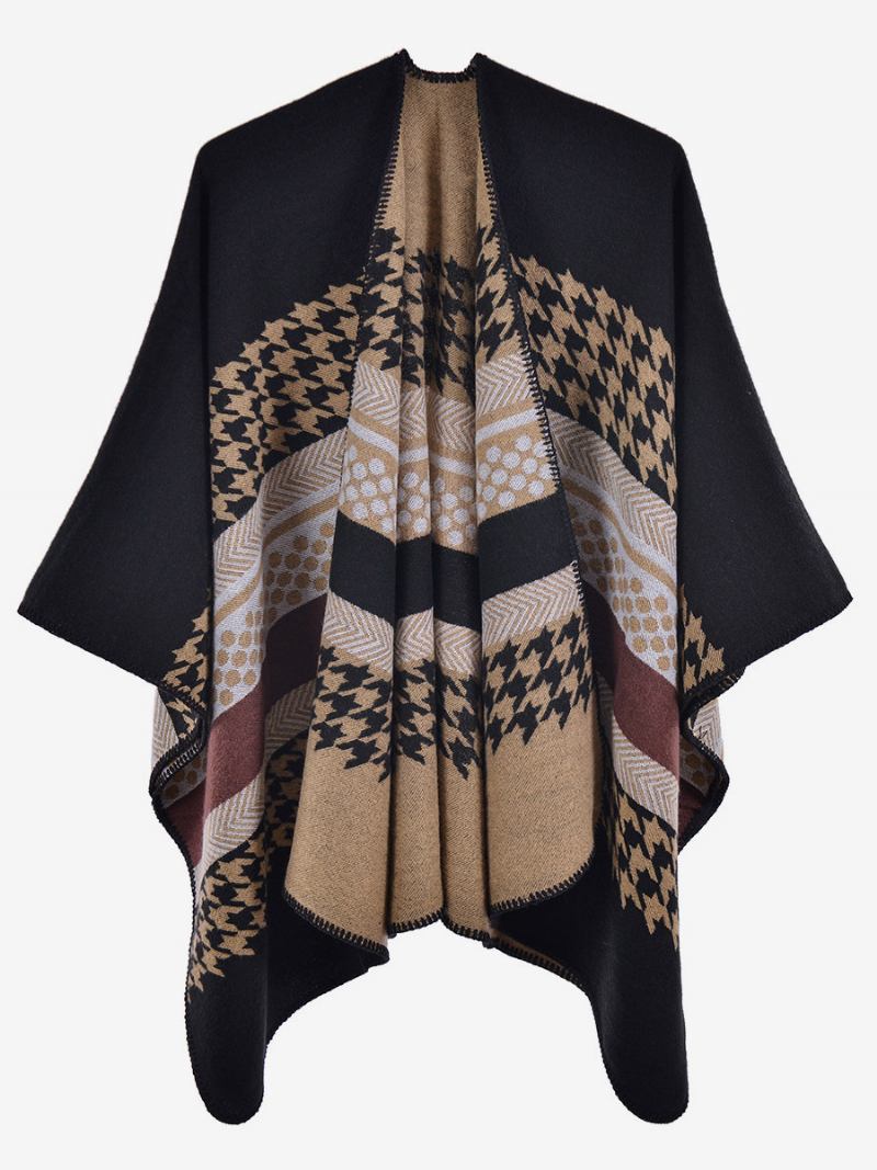 Capa Feminina Xadrez Colorida Bloco Diário Casual Outono Inverno Poncho - Preto