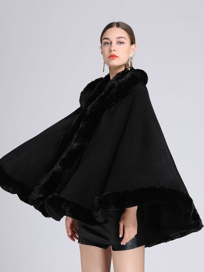 Capa Natal Pele Sintética Com Capuz Poncho Casaco Para Mulheres - Preto