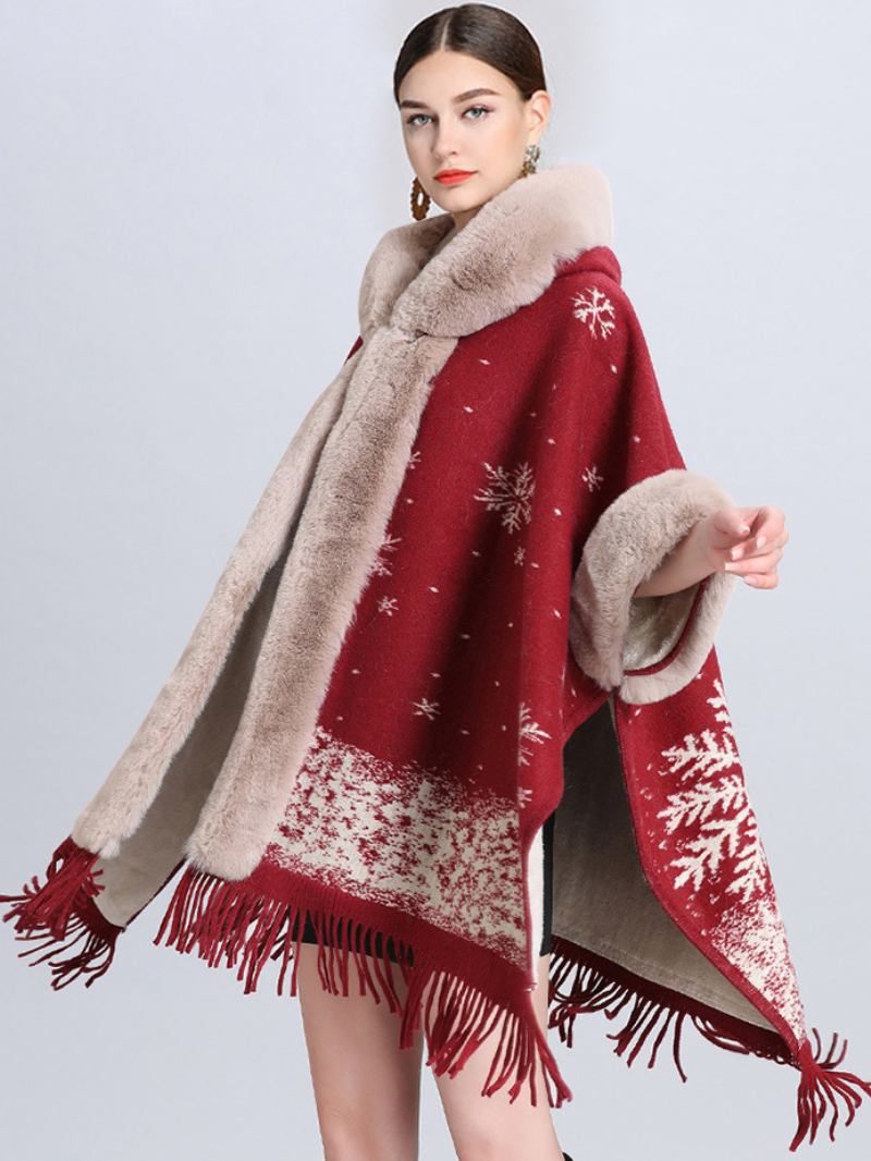 Casaco Feminino Capa Natal Com Capuz Xadrez Franja Inverno Poncho Outerwear - Vermelho Escuro