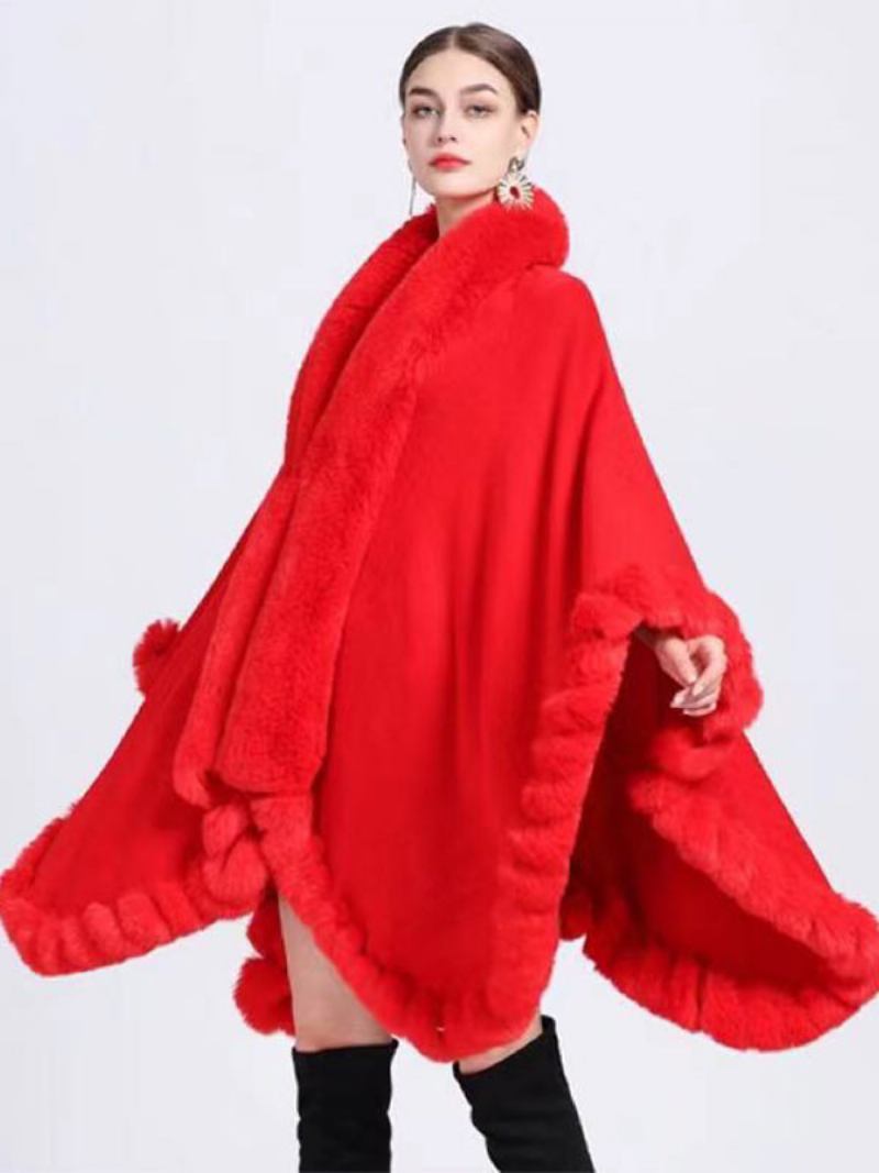 Casaco Poncho Feminino Capa Pele Sintética Inverno - Vermelho