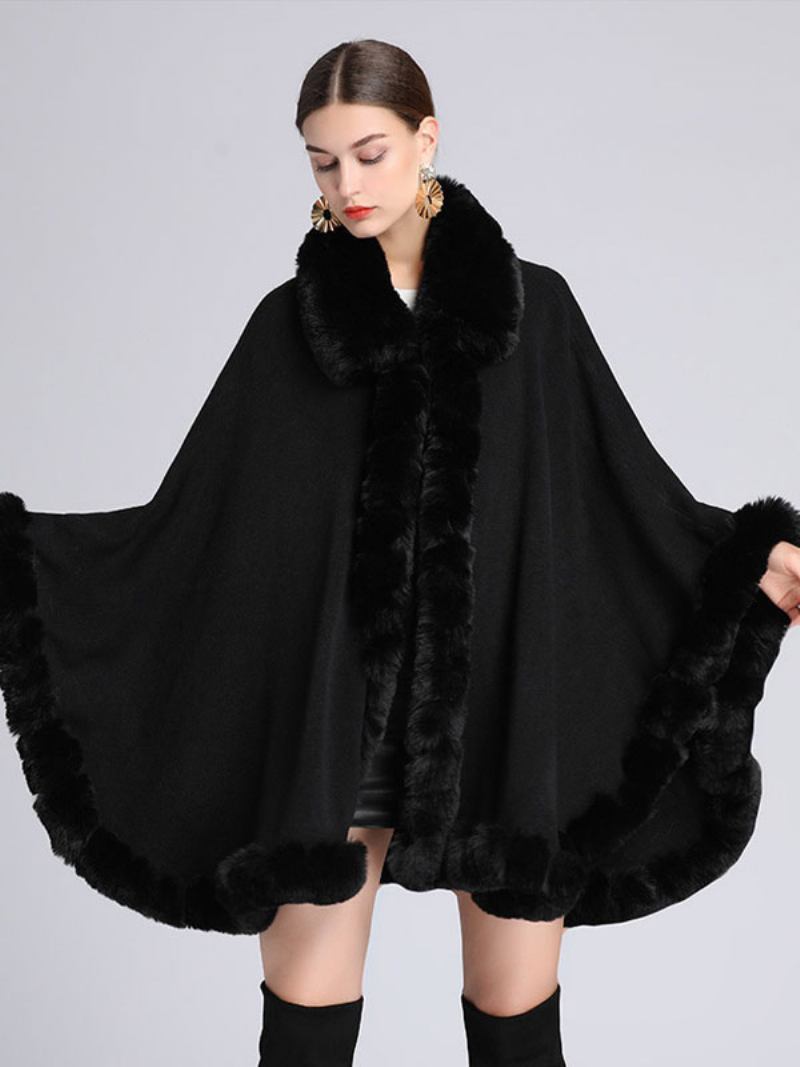 Casaco Poncho Feminino Capa Pele Sintética Inverno - Preto